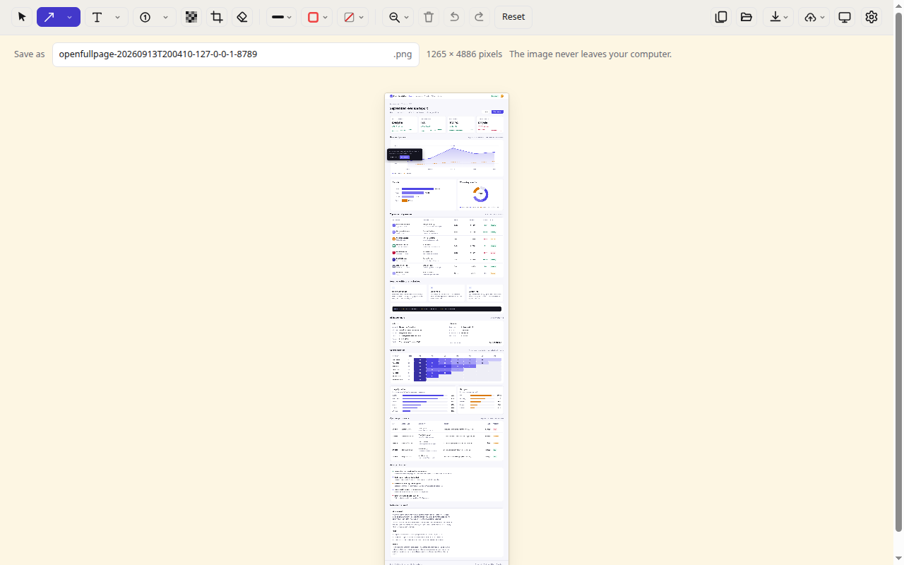 The OpenFullPage editor showing a whole dashboard report, nearly 5000 pixels tall, fitted into one window.