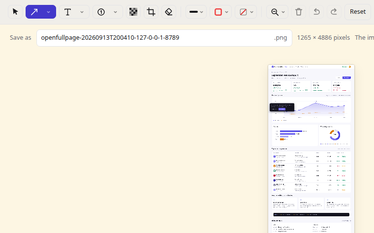 The editor just after a capture: a 1265 by 4886 pixel page shown whole, with its file name ready to save