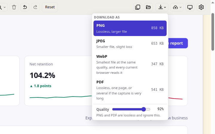 The download menu showing PNG, JPEG, WebP and PDF, each with the size it would produce