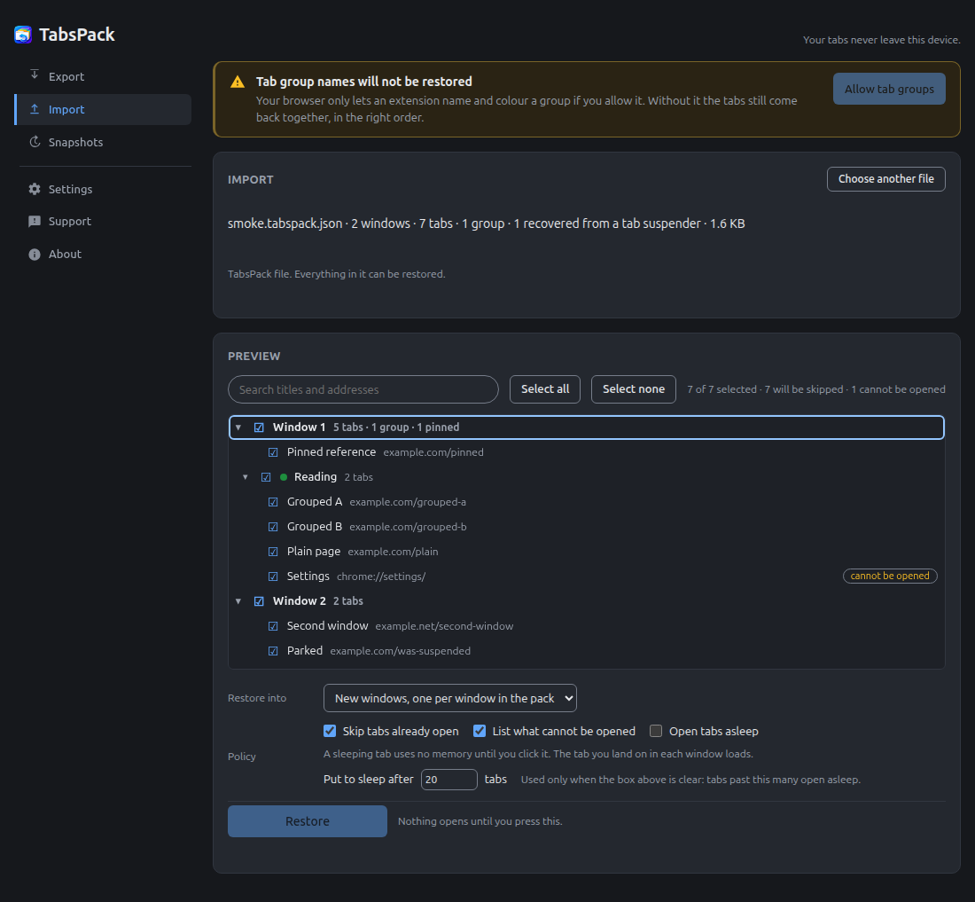 The TabsPack import screen in dark mode.