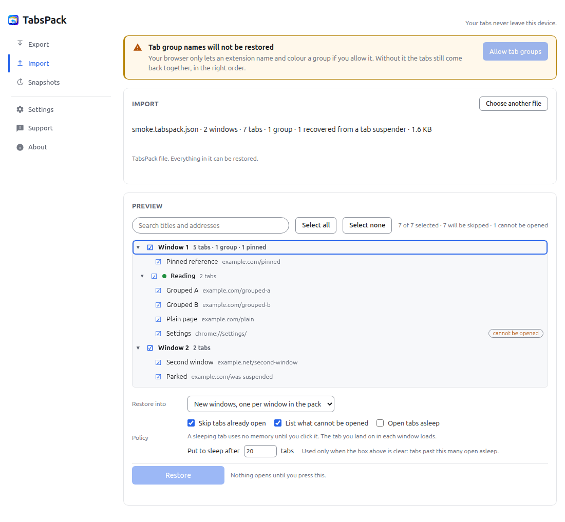 The TabsPack import screen, previewing the windows, groups and tabs a file contains before anything is opened.