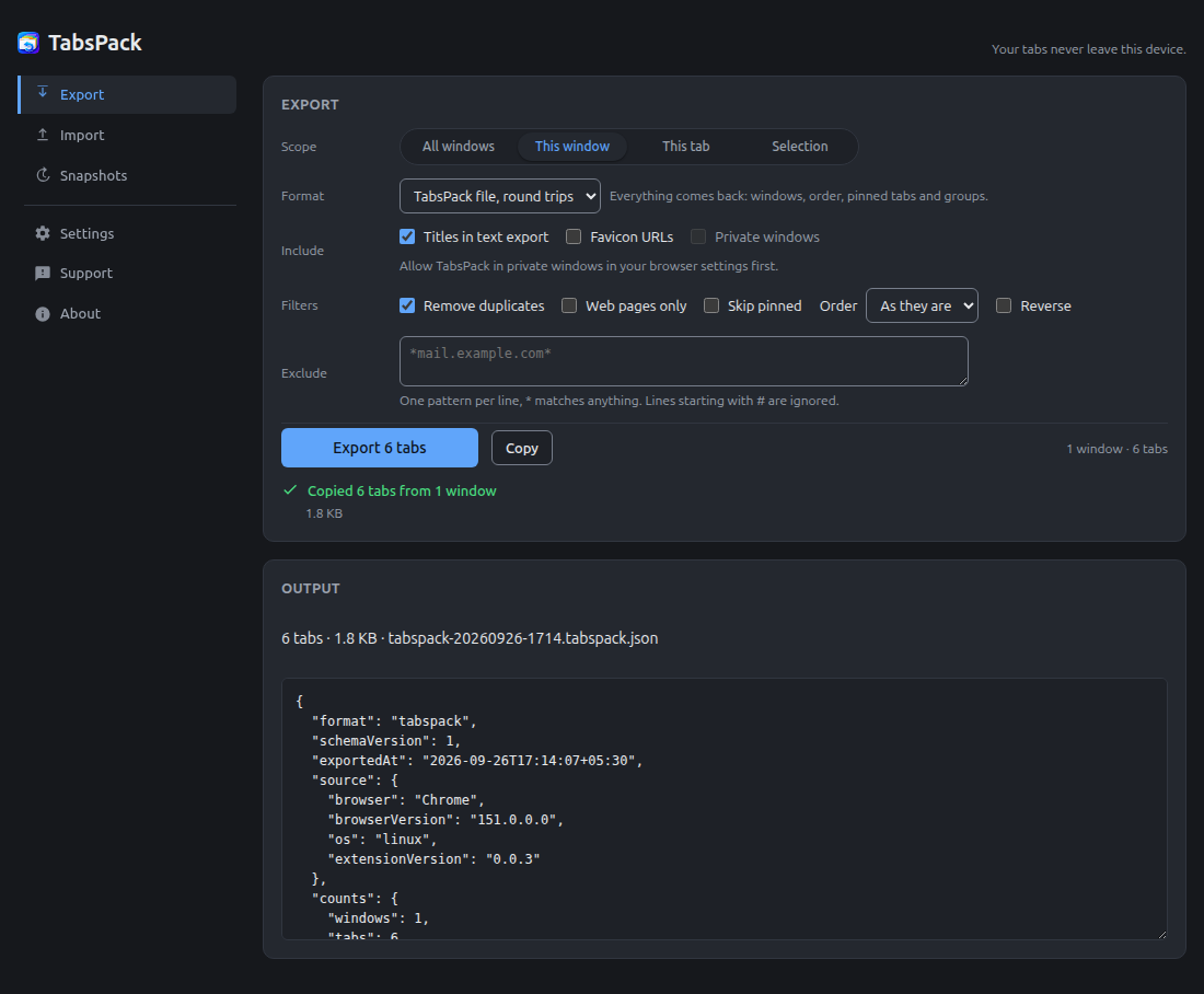 The TabsPack export screen in dark mode.