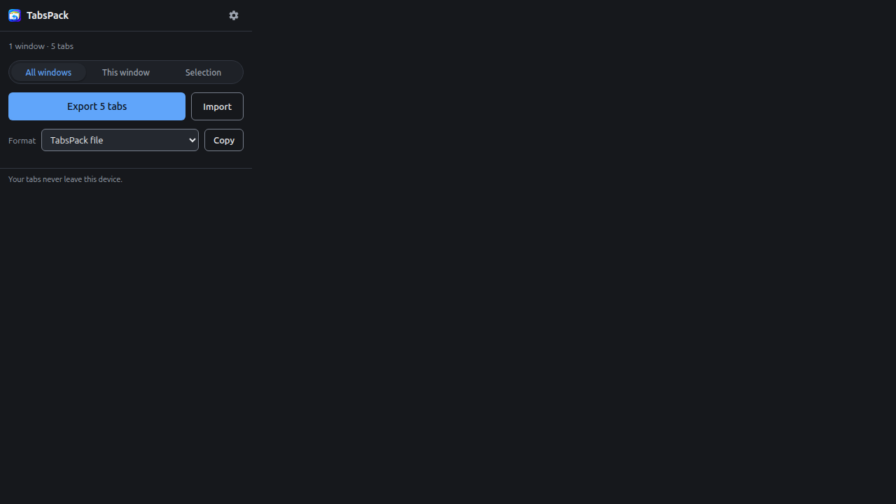 The TabsPack toolbar popup in dark mode.